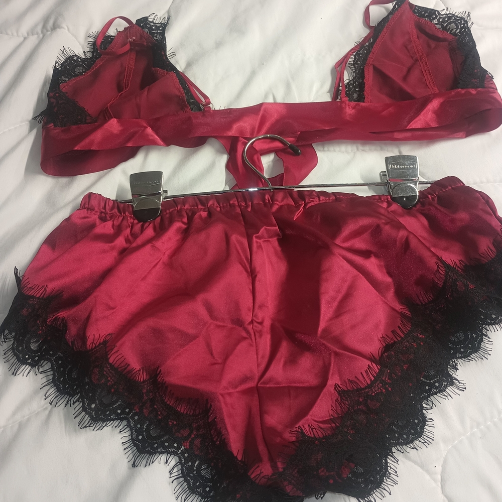 2/$10.    SHEIN Scarlet Satin and Ebony Lace Bra Set